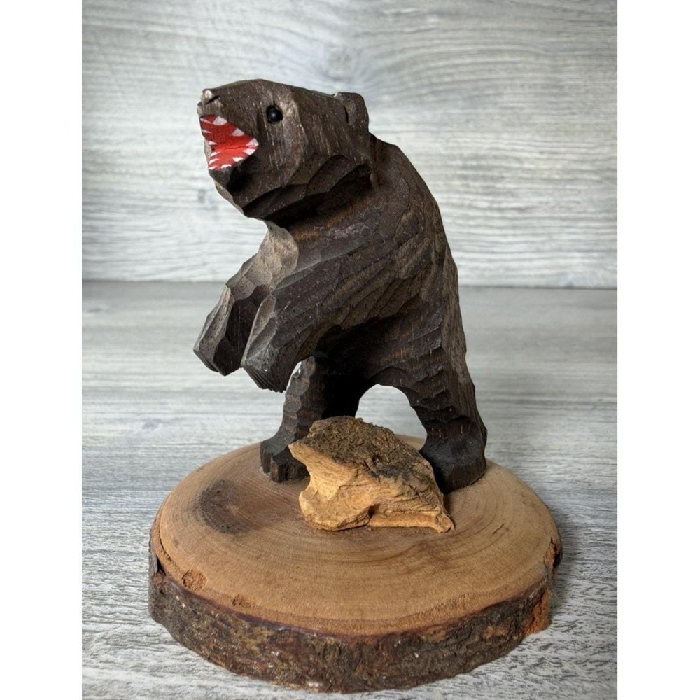 Rustic Wooden Bear Figurine Hand Carved Wood & Painted 2.75" Tall Cabin Decor